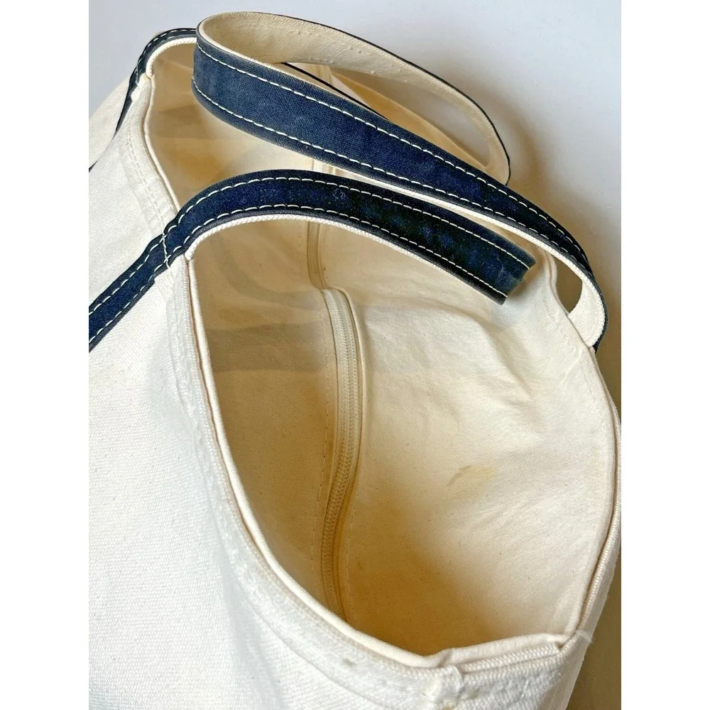 Vtg LL Bean Boat and Tote Bag XL 80s Cream Black Trim Stiff Zip Closure Canvas